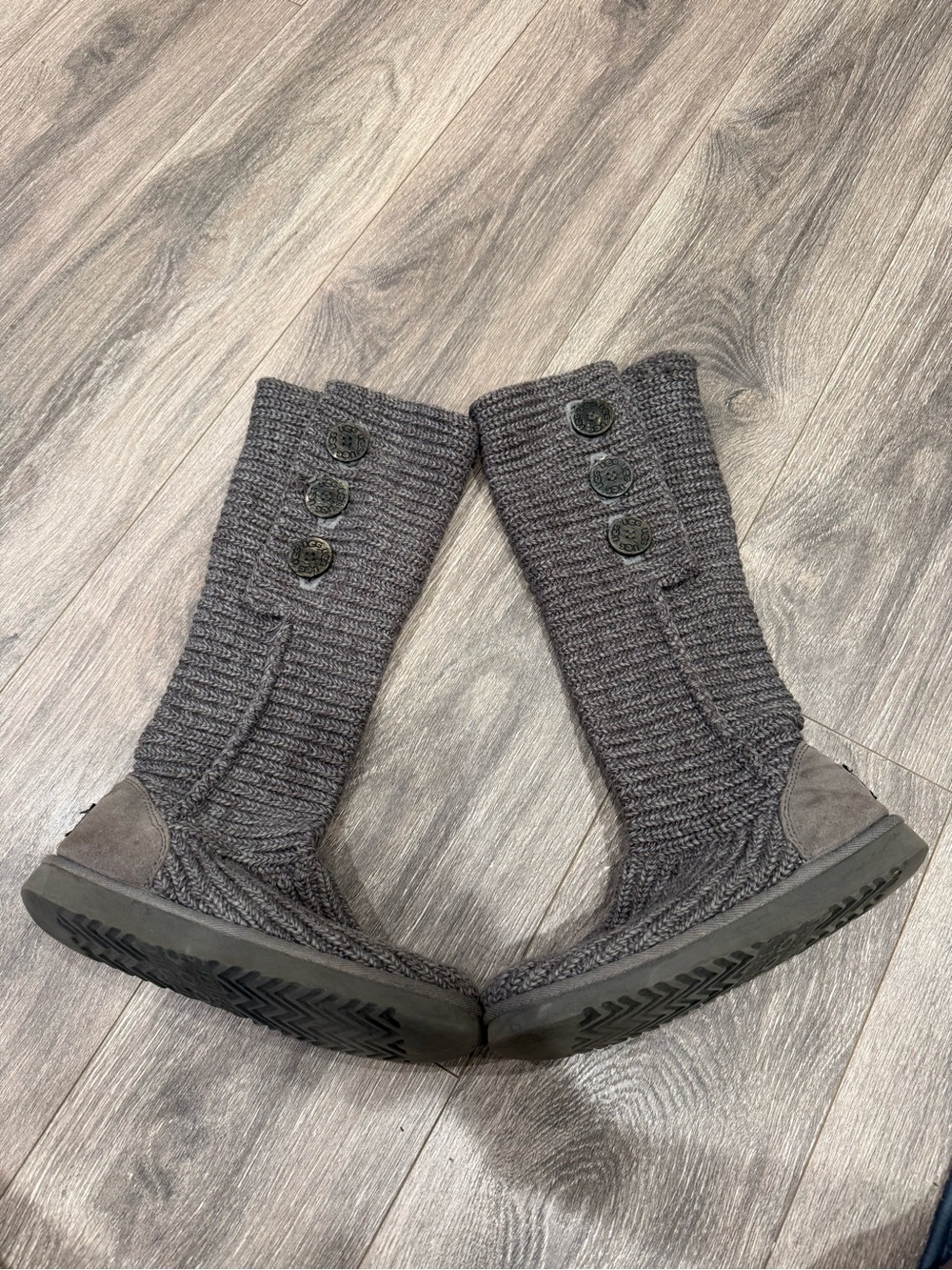 UGG Gray Knit Mid-Calf Buttoned Heeled Boots